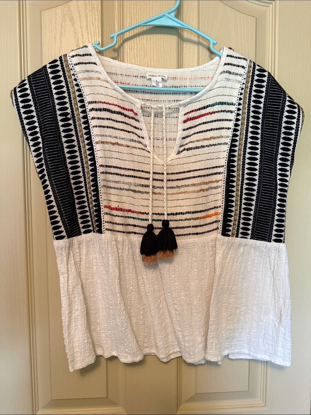 Tribal White Tunic with Black Embroidered Panels and Tassels